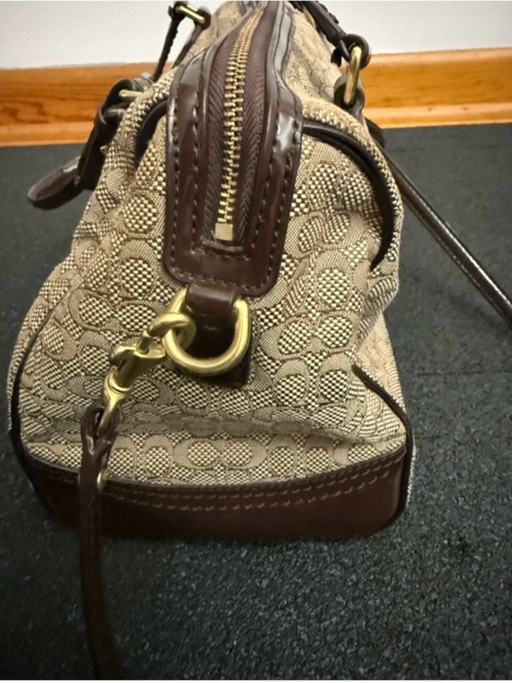 Coach Khaki Signature Satchel with Brown Leather Trim - Picture 4 of 12